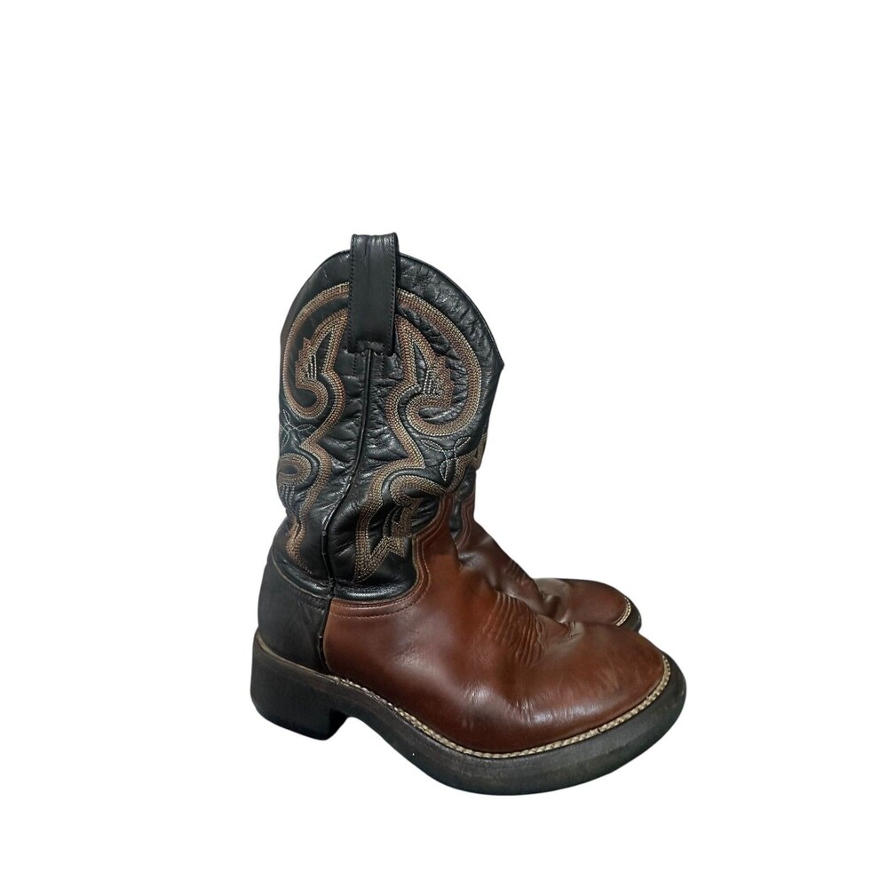 Vintage Roper Mens Brown Leather Cowboy Pull On Boots Size 8 Embroidered Spain